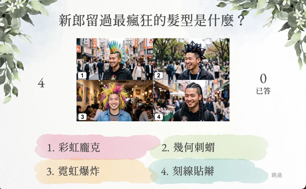 A 2×2 picture question shown on the wedding screen